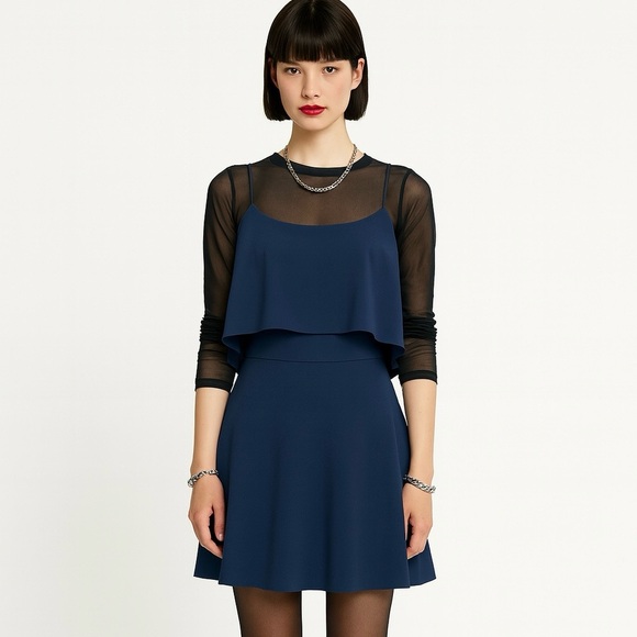 Alice  + Olivia Dress Kipp Navy Strappy Ruffle A-line Skater Preppy Party Mini - Picture 3 of 13